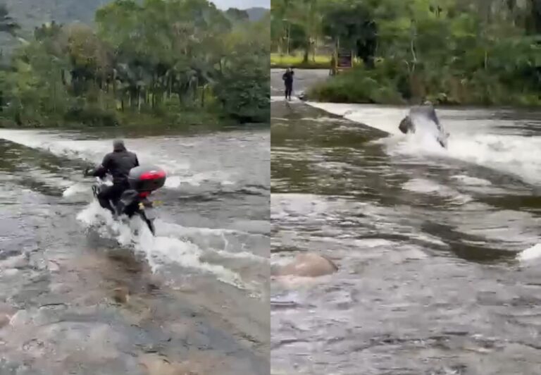 Motociclista desafia correnteza e é arrastado na ponte invertida, ponto turístico de Garuva
